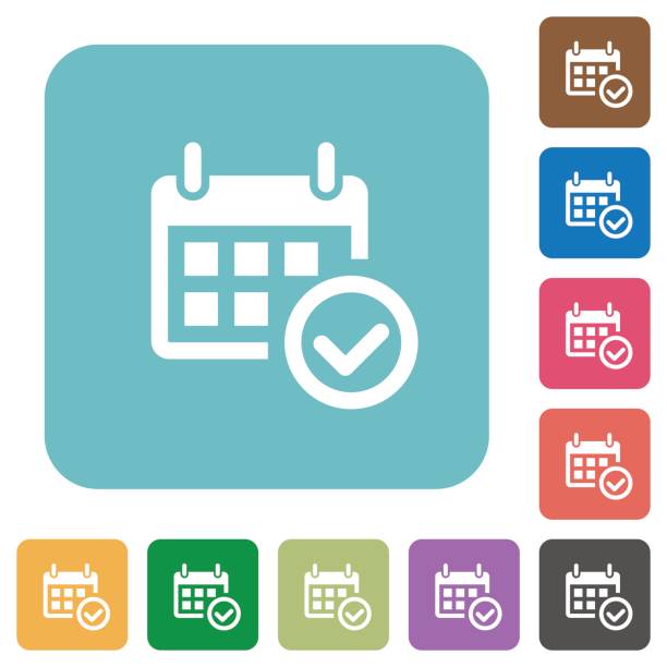 Flat calendar check icons Flat calendar check icons on rounded square color backgrounds. reservation stock illustrations