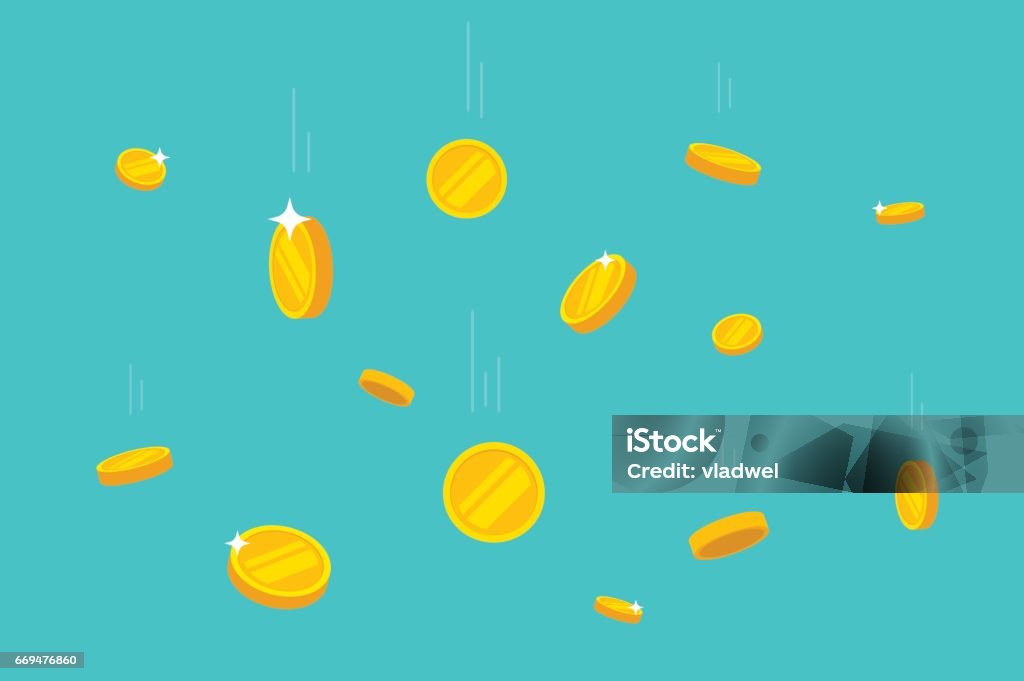 Coins money falling vector illustration, flat dropping gold coins Coins money falling vector illustration, flat style dropping gold coins, isolated on color background Coin stock vector