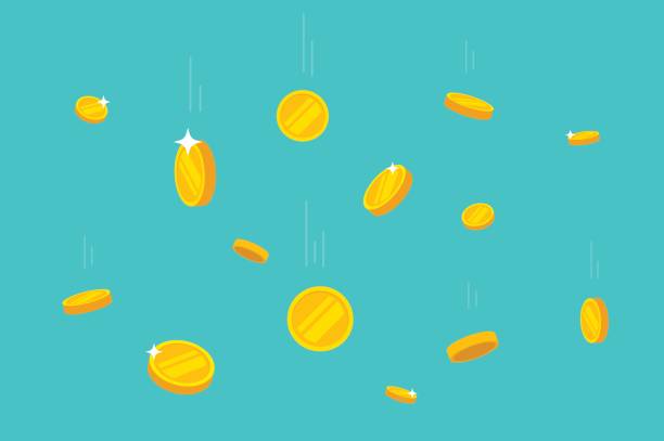 Coins money falling vector illustration, flat dropping gold coins Coins money falling vector illustration, flat style dropping gold coins, isolated on color background investment illustrations stock illustrations