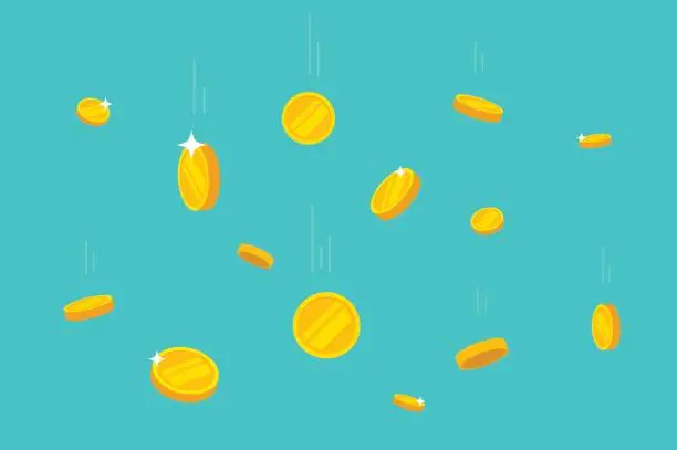 Vector illustration of Coins money falling vector illustration, flat dropping gold coins