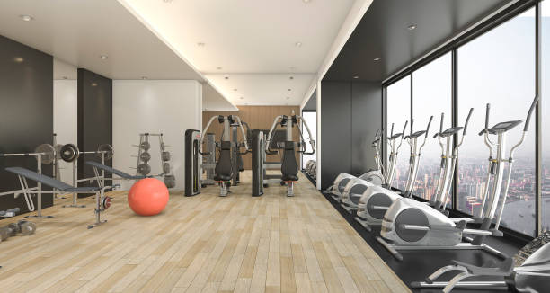3d rendering modern wood and black decor gym and fitness with nice view stock photo