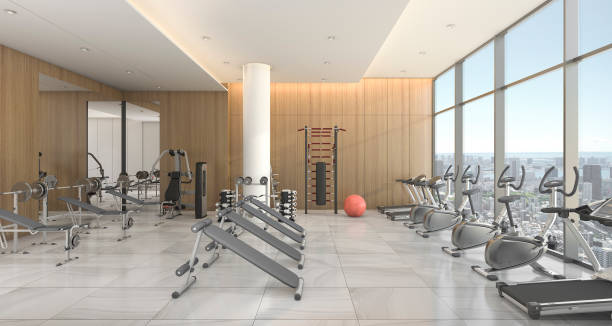 istock 3d rendering modern wood gym and training room with city view 669480814