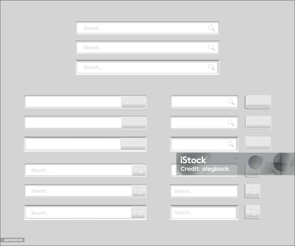 Set of Search bars isolated on grey background. Vector template for internet searching. Web-surfing interface with white buttons. Form - Document stock vector