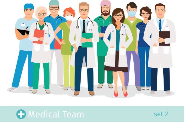 illustrazioni stock, clip art, cartoni animati e icone di tendenza di personaggi dei cartoni animati dell'ospedale o del personale medico - doctor healthcare and medicine human resources teamwork