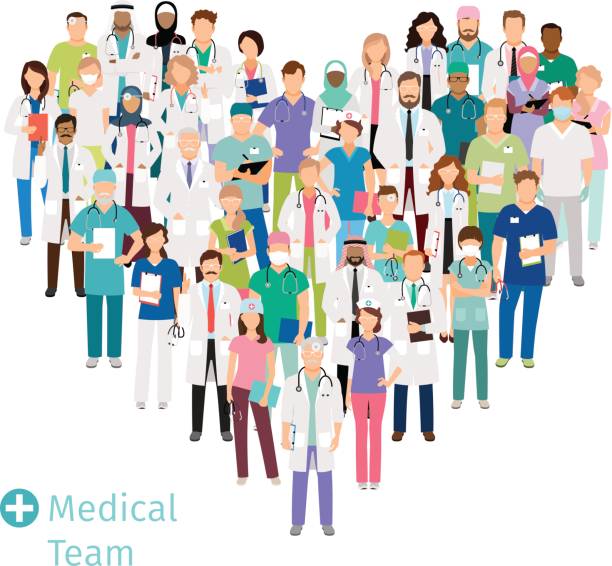 Healthcare medical team in heart shape Healthcare medical team in shape of heart. Hospital staff health professionals group in uniform for your concepts. Vector illustration hospital emergency stock illustrations