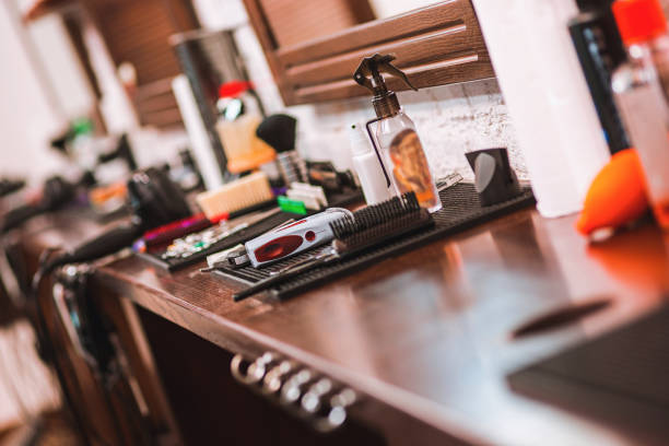 istock Barber shop equipment on wooden background 669495580