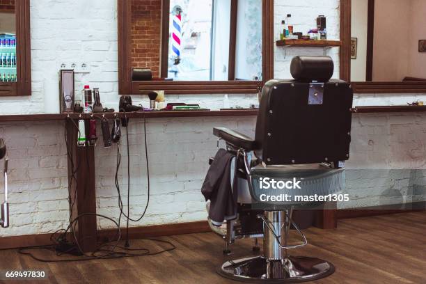 Vintage Chair In Barbershop Stock Photo - Download Image Now - Barber Shop, Chair, Barber