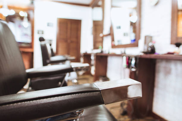 istock Vintage chairs in barbershop 669498158