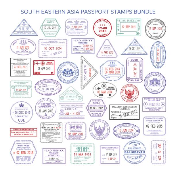 wektor południowo-wschodniej azji kolor znaków wizowych pakiet znaczków wizowych - azja południowo stock illustrations