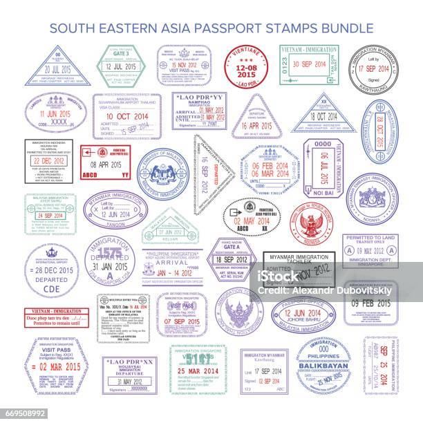 Vector South Eastern Asia Color Travel Visa Stamps Bundle Stock Illustration - Download Image Now