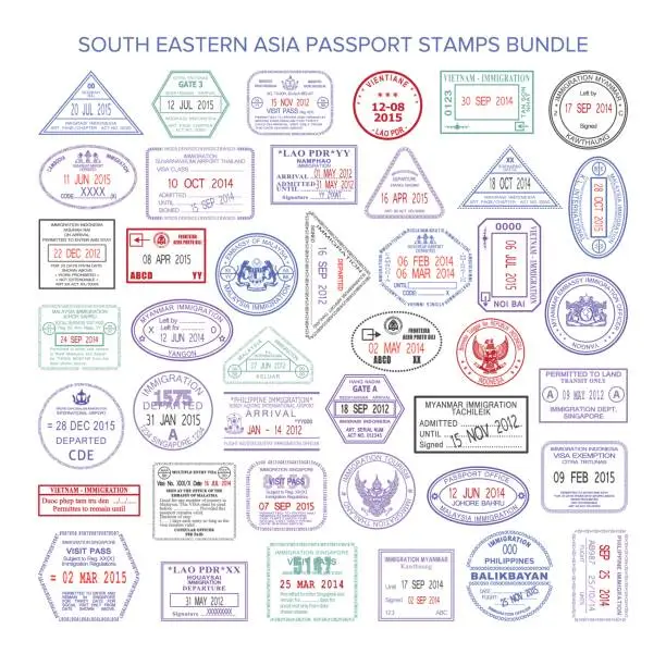 Vector illustration of Vector south eastern asia color travel visa stamps bundle