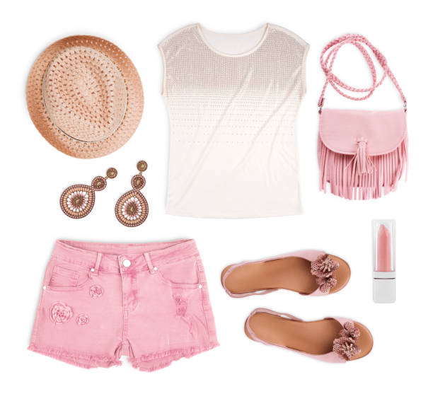conjunto de ropa de verano de turista aislado sobre fondo blanco - pink hat fotografías e imágenes de stock