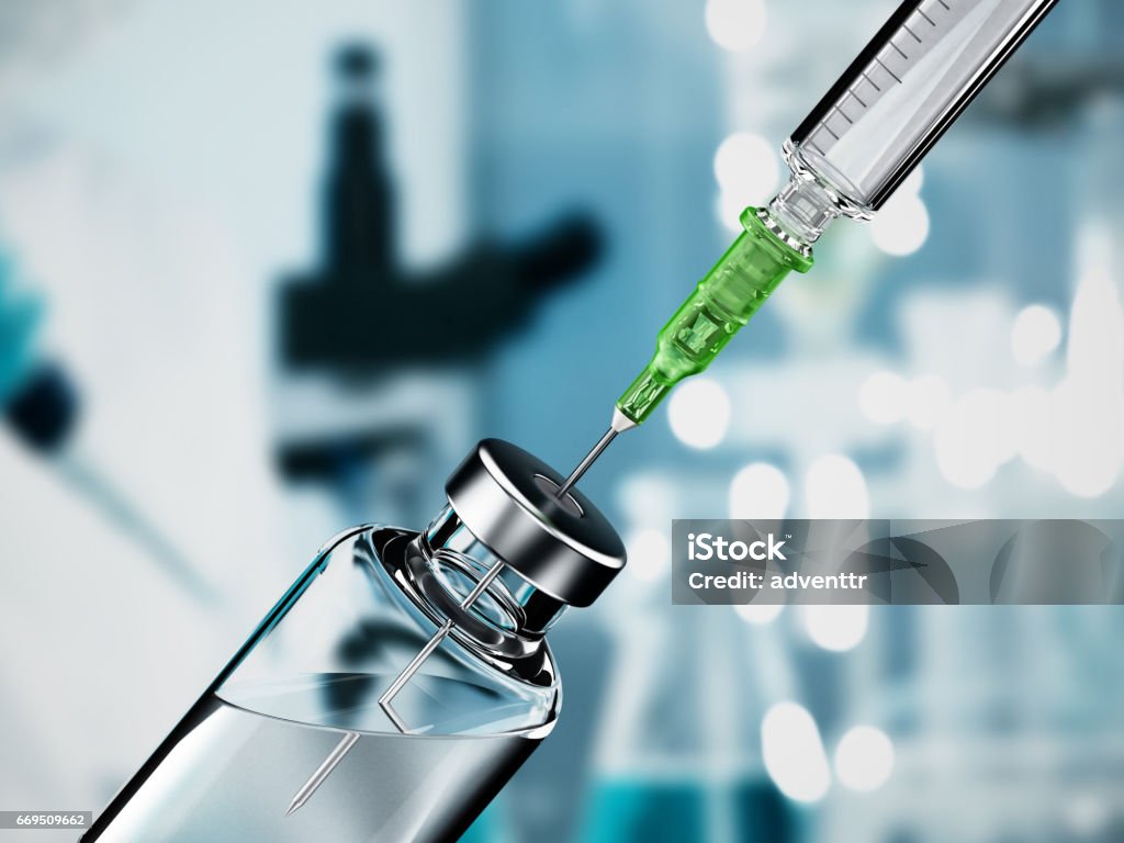 Syringe needle inside medicine bottle Syringe needle inside medicine bottle on laboratory tubes background. Syringe stock illustration