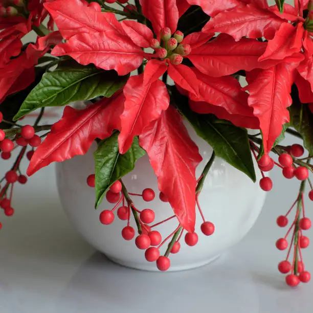 Amazing clay art, red Poinsettia pot on white background, beautiful flowerpot to celebrate christmas festive
