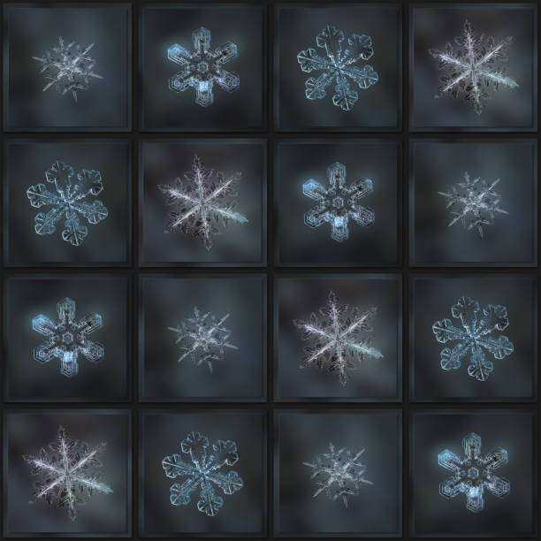 Dark gray collage with real snowflake macro photos on blur background, arranged in grid with 4 x 4 framed square tiles.