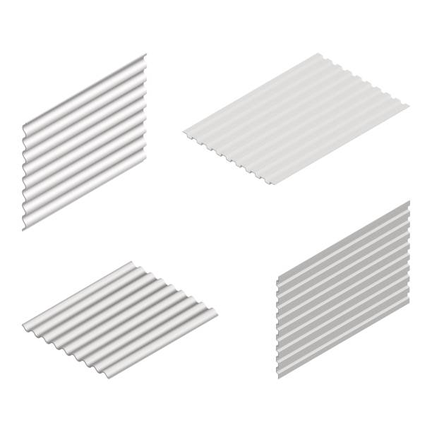 Sheet of wave slate and steel profile in isometric, vector illustration. Sheet of wave slate and steel profile isolated on white background, vertical and horizontal arrangement. Element of the design of building materials. 3D isometric style, vector illustration. zinc stock illustrations