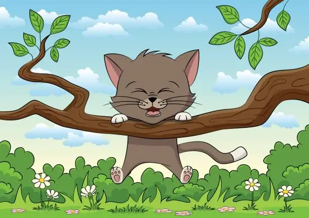 Vector illustration of Little cat ist playing on a branch