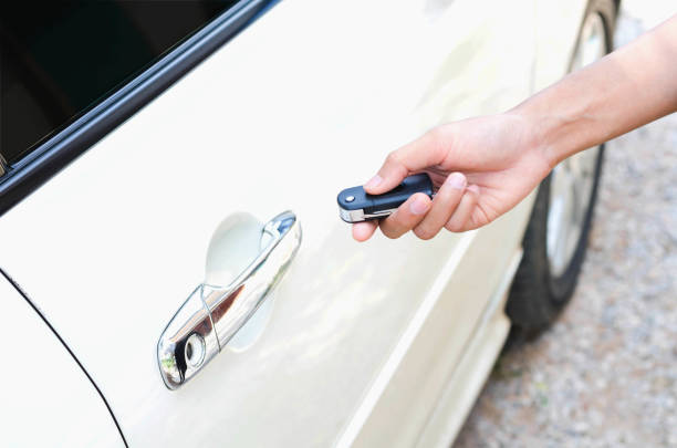 istock Young man opening his car door with the control remote key. 669525162
