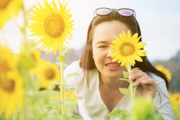 istock Sunflower and a woman hiding behind it 669533074