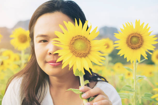 istock Sunflower and a woman hiding behind it 669533104