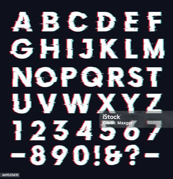 Glitch Font With Distortion Effect Vector Letters And Numbers Stock Illustration - Download Image Now