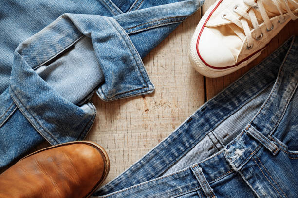 istock jeans on a wooden floor. 669534892