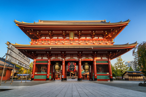 Tokyo, Japan - Febuary,04 2019 : View of Sensoji Temple with crowd of visitors or travelers take in Asakusa temple, one of Landmark locate in kaminarimon of sensoji area famous temples in Tokyo, Japan