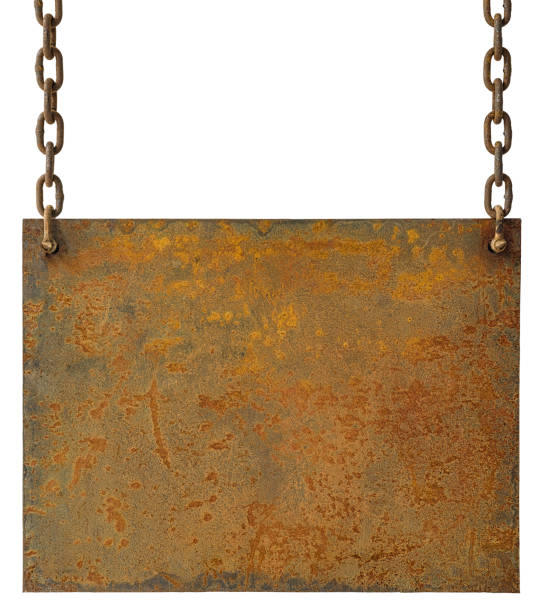 Grungy old rusted metal plate background hanging by old rusty chains, image has lots of texture character. Isolated on white, clipping path included. A pitted and weathered old rusty metal sheet background or sign hanging by old rusty chains, lots of weathered grunge character. Isolated on white, clipping path included. rusted chain stock pictures, royalty-free photos & images
