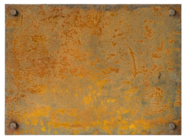 istock Grungy old rusted metal plate background with four old rusty bolts, one in each corner, image has lots of texture character. Isolated on white, clipping path included. 669541430
