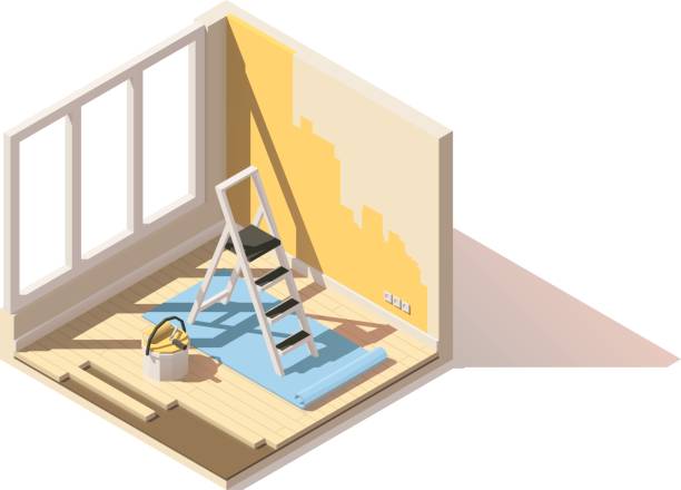 벡터 아이소메트릭 낮은 폴 리 홈 리 모델링 아이콘 - repairing apartment home improvement painting stock illustrations