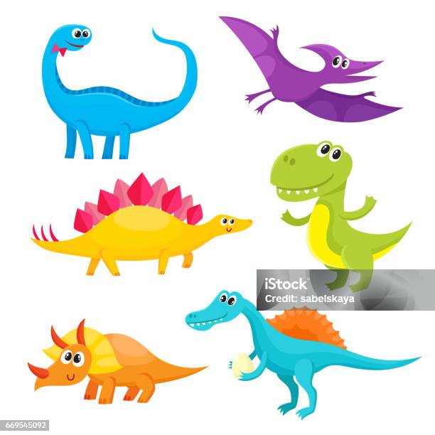 Set Of Cartoon Style Cute And Funny Smiling Baby Dinosaurs Stock Illustration - Download Image Now