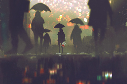 man with flowers bouquet holding umbrella standing alone in crowds of people crossing the street on a rainy night, illustration painting