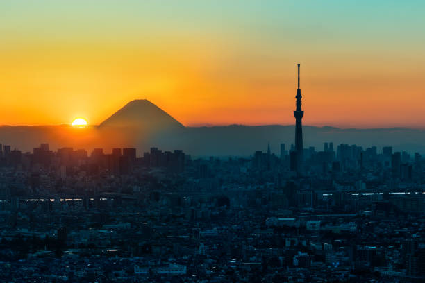 гора фудзи и токийское небесное дерево на закате, токио - tokyo tower shinjuku ward tokyo prefecture communications tower стоковые фото и изображения