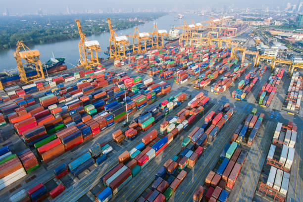 istock Shipyard with shipping containers aerial view 669545950