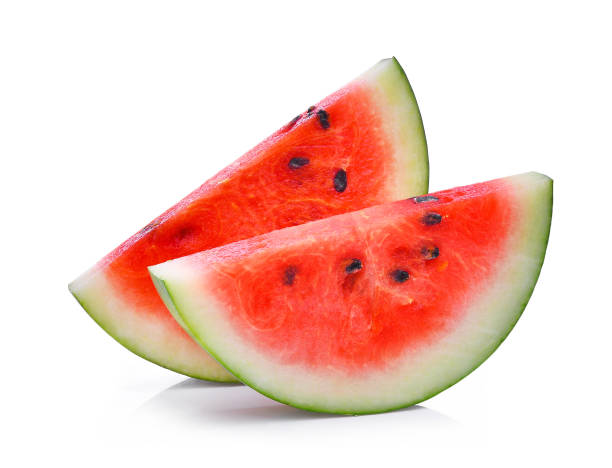 fetta di anguria fresca isolata su sfondo bianco - watermelon melon fruit juice foto e immagini stock
