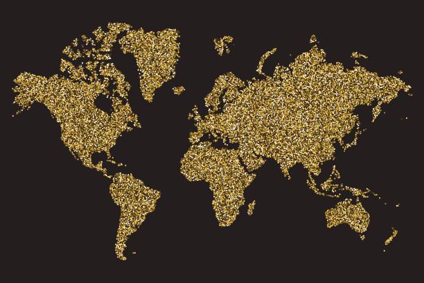 黒の背景に金色のきらめきの世界地図の概念図 - 世界地図のストック