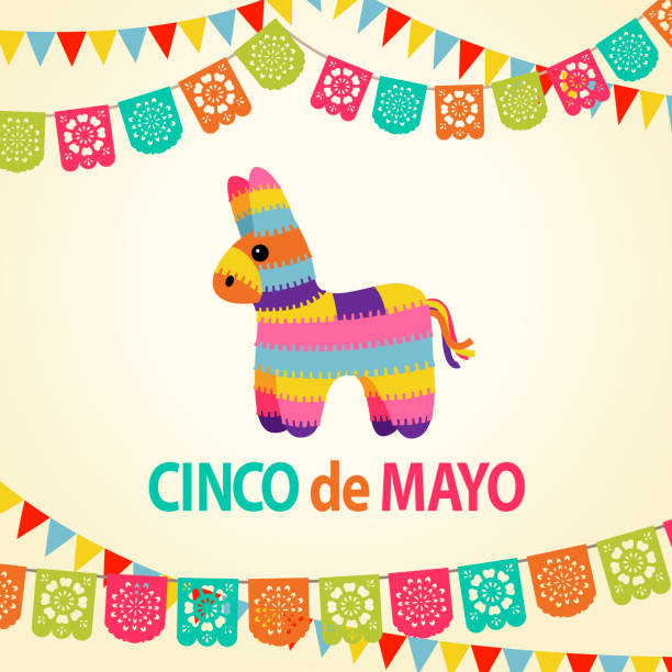 An party invitation card with papel picado and pinata for the traditional Mexican fiesta Cinco De Mayo