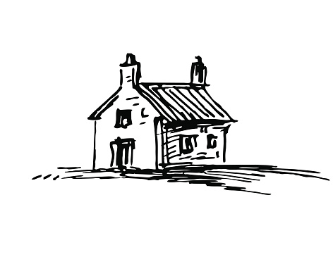 Old stone house. Ink sketch. Isolated on white background. Retro style.