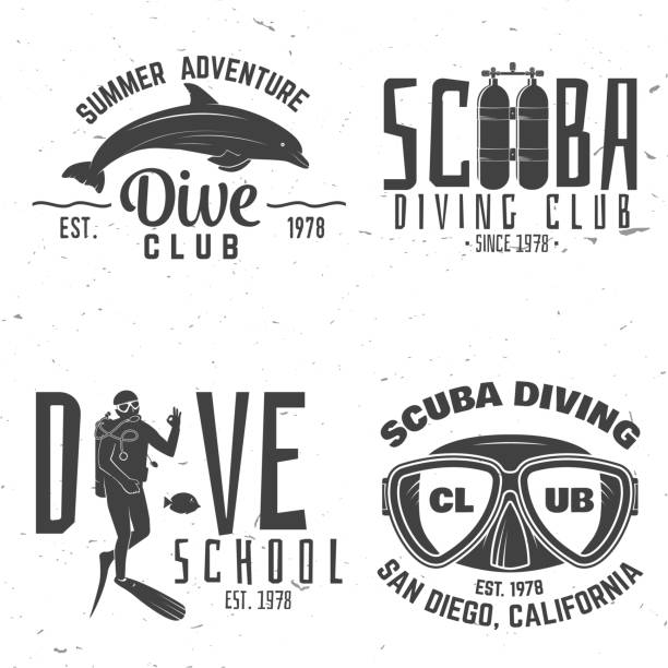 illustrazioni stock, clip art, cartoni animati e icone di tendenza di set di diving club subacqueo e design della scuola di immersioni - label travel san diego california california