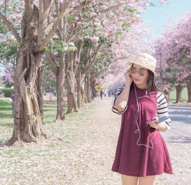 chapeau de femme asie musique écouteur touristique voir ciel et arbre trompette rose - romantic sky audio photos et images de collection