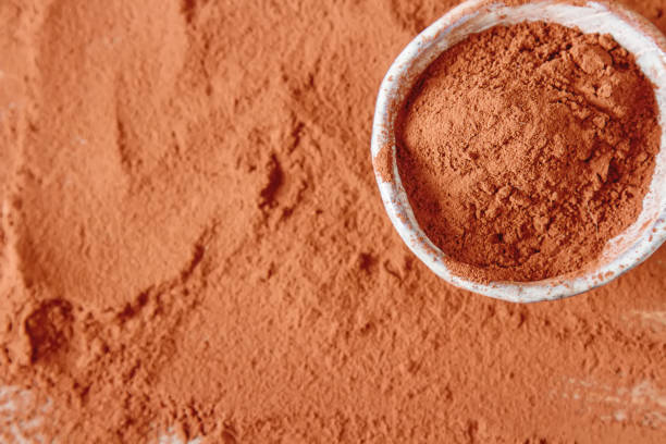 istock Natural cocoa powder in a clay bowl for chocolate and baking. Copy space. Top view. Horizontal photo. 669566032