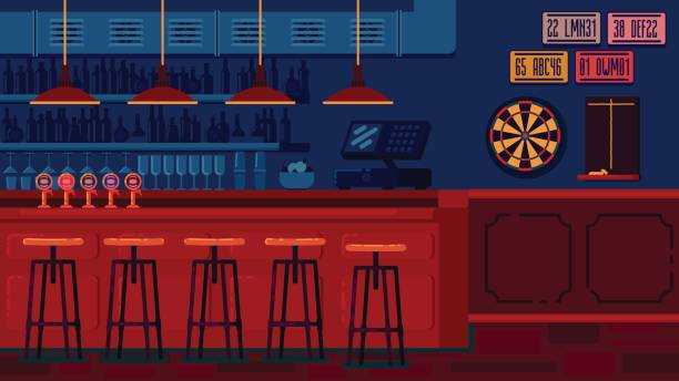 illustrations, cliparts, dessins animés et icônes de bar restaurant avec comptoir en style plat - bar stools illustrations