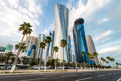 Futuristic Skyscrapers and Office Buildings, Hotels at the famous corniche urban road and promenade in the capital city of Doha, Qatar, Middle East.