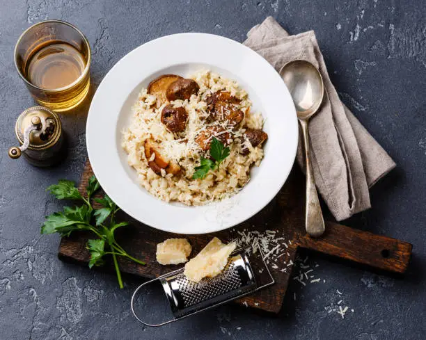 Risotto with porcini mushrooms on dark stone background