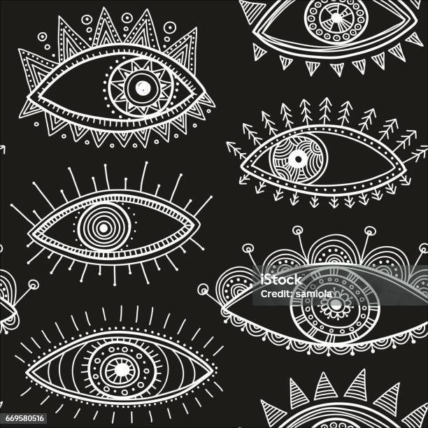 Boho Style Eyes Seamless Pattern Black Stock Illustration - Download Image Now - Abstract, African Culture, Apache Culture