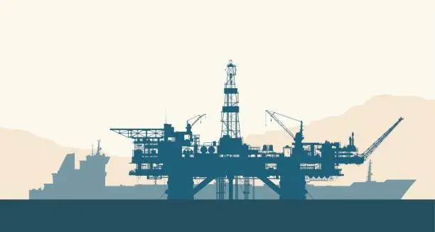 Vector illustration of Sea oil drilling rig and tanker