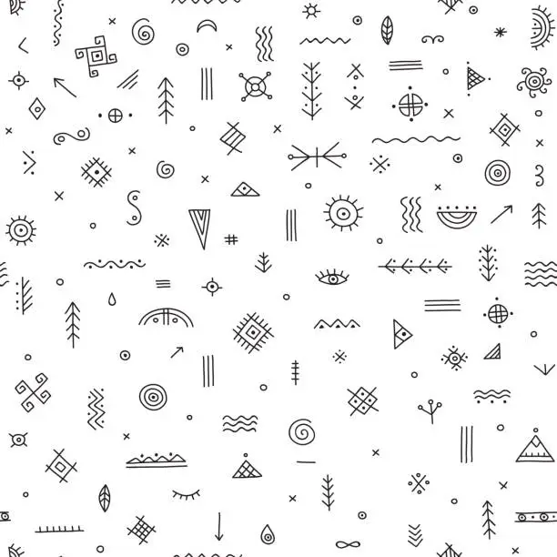 Vector illustration of seamless pattern with ethnic tribal symbols