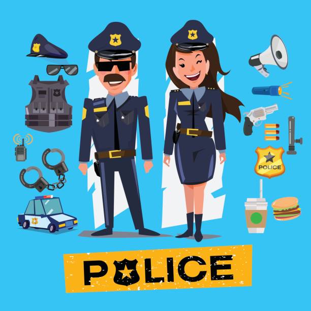 Police officers. Man and women with icon set. Character design - vector Police officers. Man and women with icon set. Character design - vector illustration gun laws stock illustrations