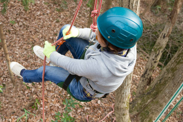 Climbing up the tree. Mother is trying to climb up a tree with rope.\n