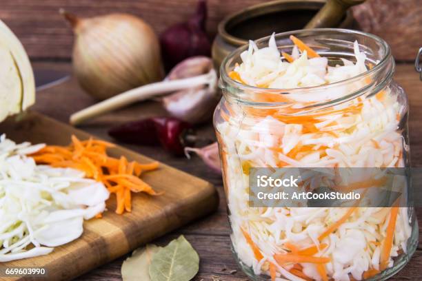 Sauerkraut With Carrots In Glass Jar Stock Photo - Download Image Now - Carrot, Fermenting, Belarus